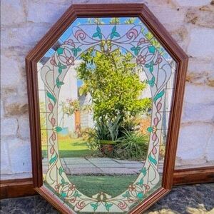 Vintage octagon etched Stained Glass Mirror Wooden Frame Granny Core 31x21" 80s